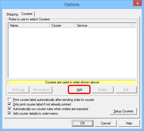Courier Setup Add button
