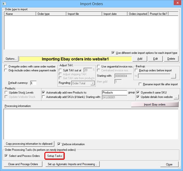 One Stop Order Processing Set Up Import tasks