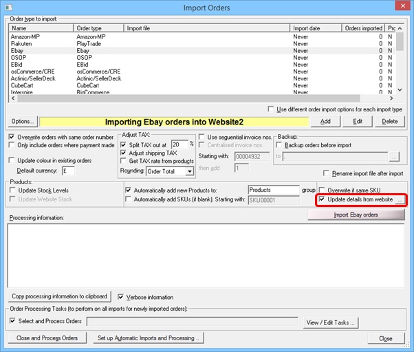 Import Orders dialog