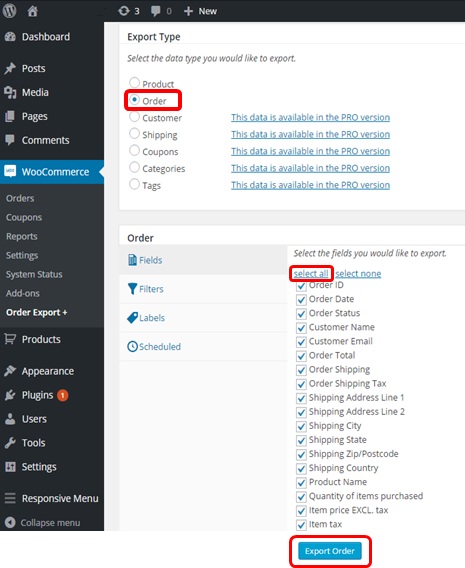 Woo Commerce Export Orders button