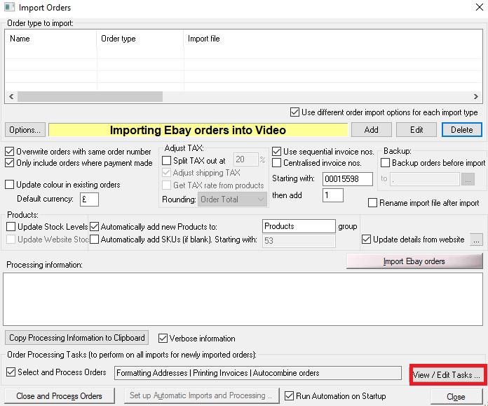 One Stop Order Processing Set Up Import tasks