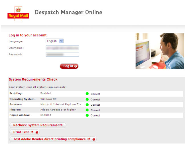 Royal Mail Despatch Manager Online (DMO) login page